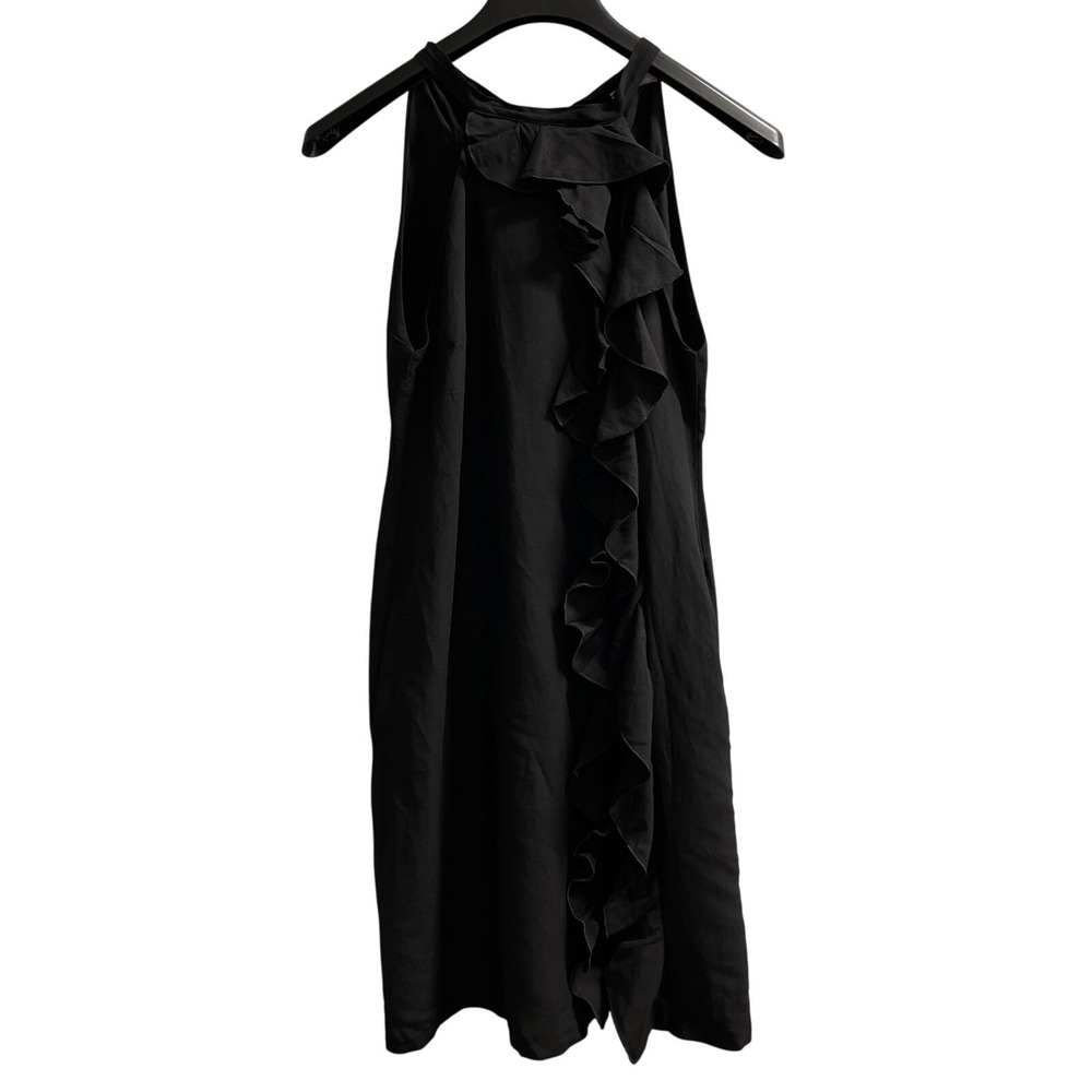 Saiph Dress Womens M Black Linen Blend‎ High Tie Neck Ruffle Capsule Minimalist